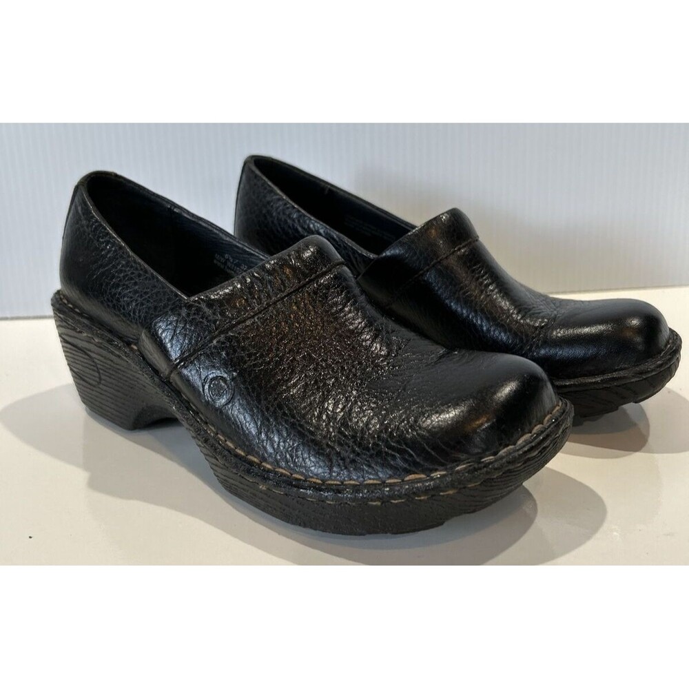 Born Slip On Clogs Peggy Black Leather Wedge Comfort Shoes Women's 6.5